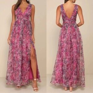 Lulus Garden Romance Magenta Floral Print Organza Maxi Dress